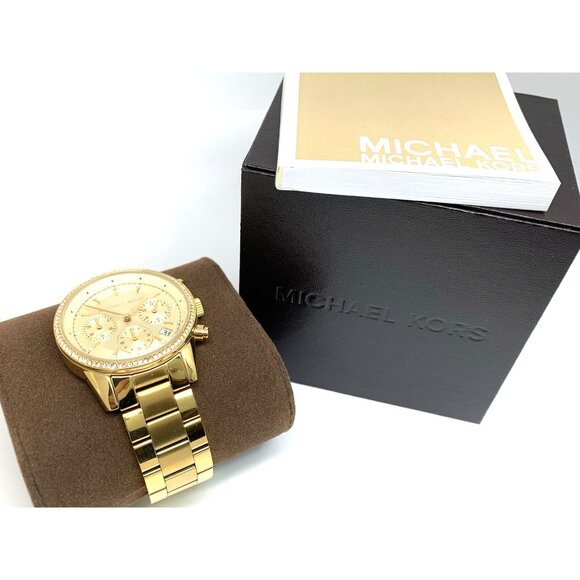 Michael Kors Women's Watch MK6356 Ritz Gemmed Quartz 37mm Gold Stainless Steel - Picture 3 of 14